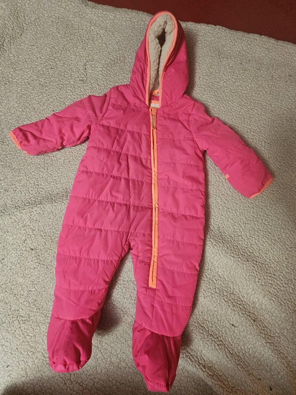 Cat & Jack Size 9 Month Baby Girl Hot Pink & Orange Hooded Footed Snowsuit